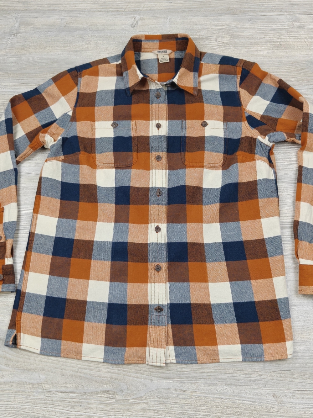 Duluth Trading Co Women’s Medium Free Swingin Flannel Shirt Plaid Orange Blue